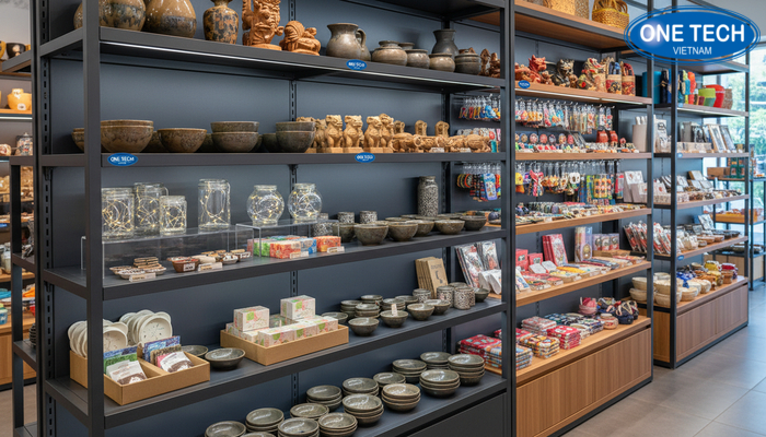 Bộ sưu tập kệ trưng bày đồ lưu niệm đa dạng chất liệu và kiểu dáng