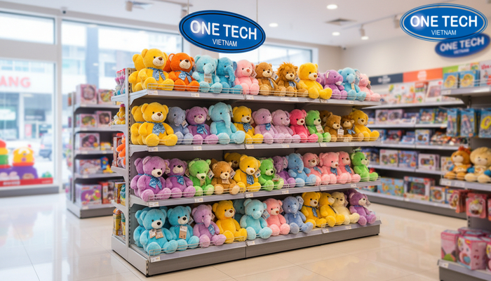 Bộ sưu tập setup kệ trưng bày gấu bông thực tế trong cửa hàng