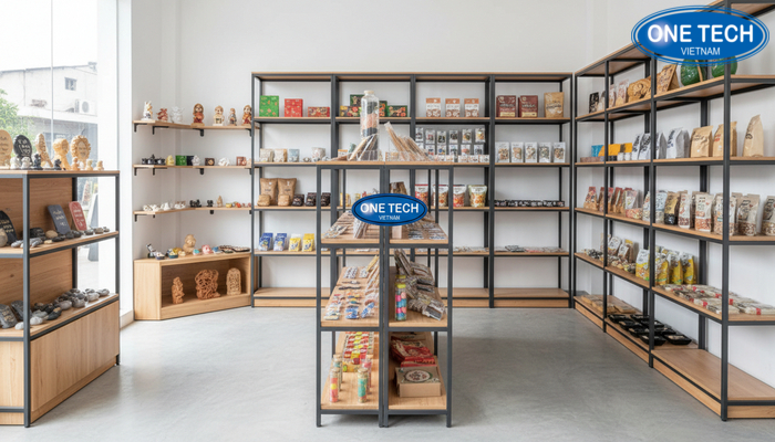 Ví dụ bố trí kệ cho shop nhỏ, ưu tiên lối đi thoáng và tầm nhìn tốt