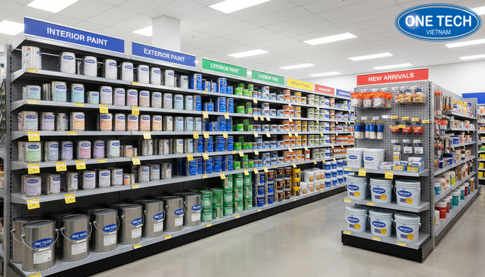 Bố trí kệ trưng bày sơn nước theo lối đi và cụm sản phẩm