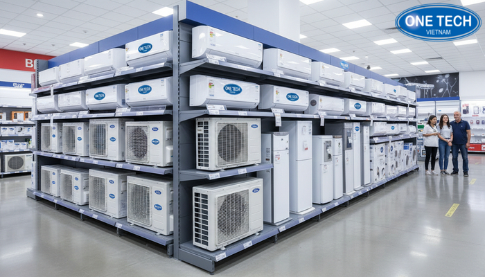 Bố trí kệ trưng bày điều hoà khoa học Mô hình bố trí kệ trưng bày điều hoà trong siêu thị điện máy hiện đại