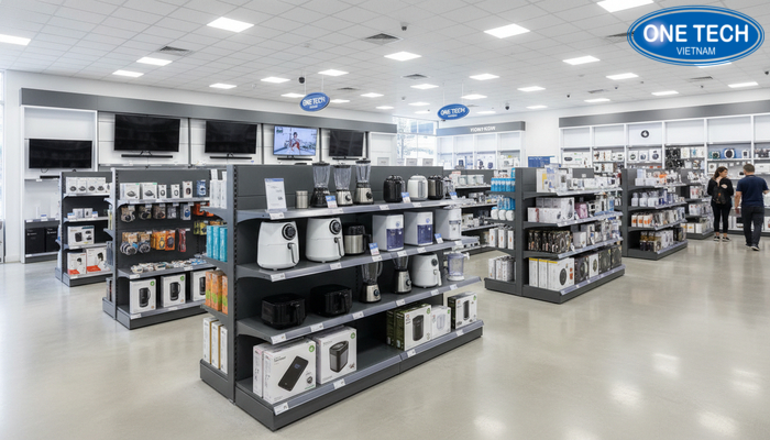 Bố trí kệ trưng bày đồ điện trong cửa hàng điện máy Bố trí kệ trưng bày đồ điện gọn lối đi, tăng tầm nhìn sản phẩm