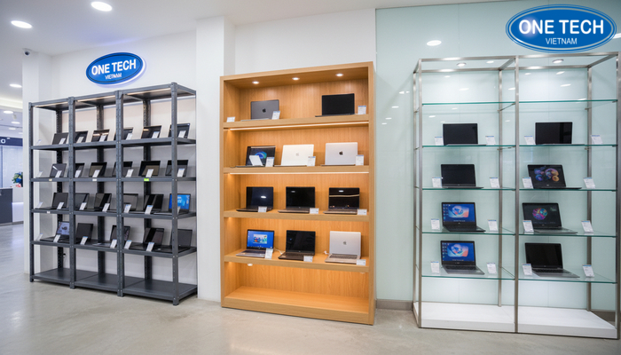 Chat lieu ke trung bay laptop pho bien So sanh chat lieu ke laptop inox sat son tinh dien, go MDF va kinh cuong luc