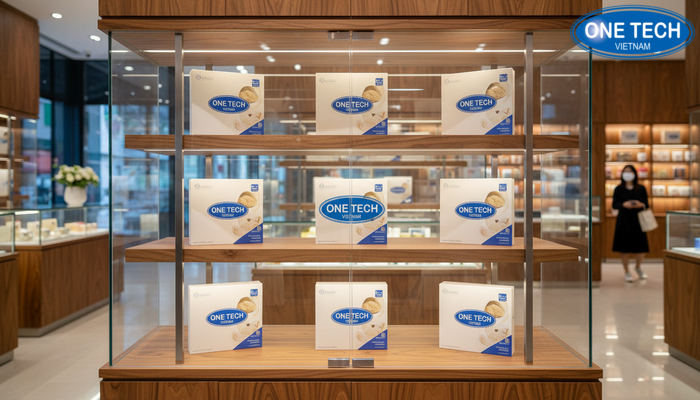 Chất liệu kính cường lực gỗ vân gỗ inox cho tủ kệ trưng bày yến sào