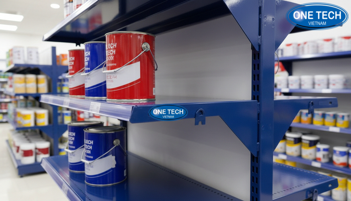 Chi tiết mâm kệ và chân trụ giúp tăng an toàn khi trưng bày thùng sơn