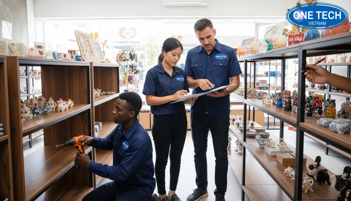 Đội ngũ kỹ thuật khảo sát, tư vấn và lắp đặt kệ trưng bày tại cửa hàng