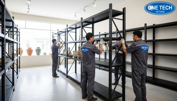 Đội ngũ lắp đặt kệ trưng bày gốm sứ thi công gọn và đúng kỹ thuật