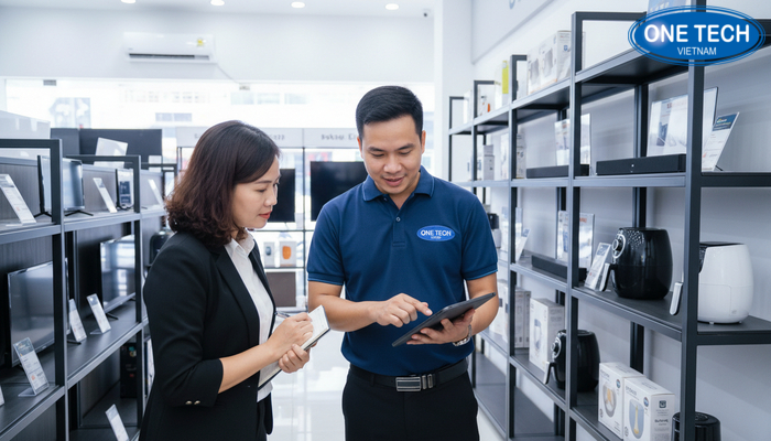 Tư vấn kệ trưng bày đồ điện OneTech Đội ngũ tư vấn kỹ thuật hỗ trợ chọn kệ trưng bày đồ điện theo mặt bằng