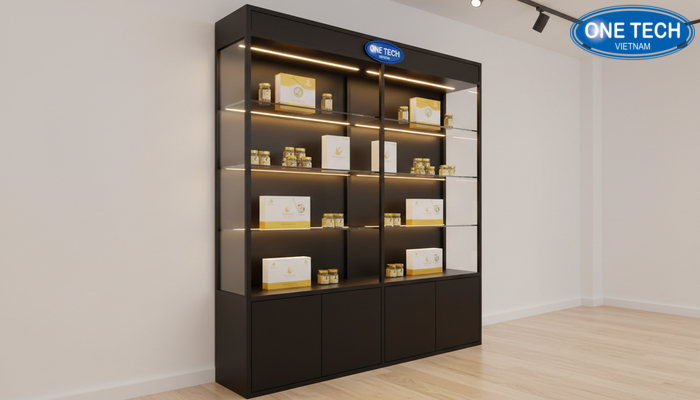 Mẫu kệ tủ trưng bày yến sào kết hợp kho để hàng