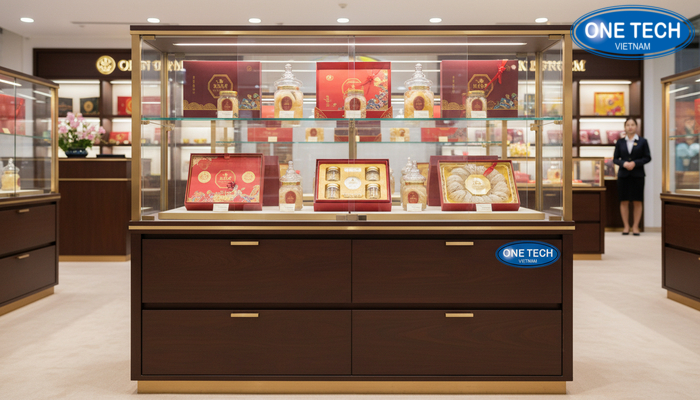 Mẫu tủ kính trưng bày yến sào có ngăn kéo