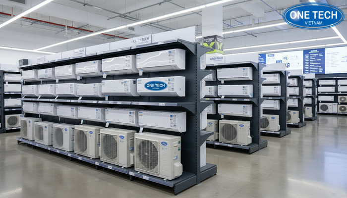 Kệ trưng bày điều hoà cho siêu thị lớn Giải pháp kệ trưng bày điều hoà cho siêu thị điện máy lớn