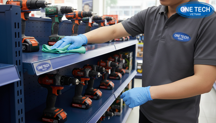 Minh họa vệ sinh kệ trưng bày máy khoan đúng cách để hạn chế gỉ sét