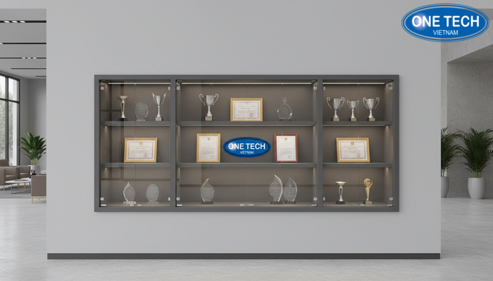 Kệ âm tường trưng bày bằng khen có cửa kính