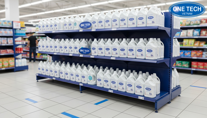 Kệ trưng bày nước giặt chịu lực tốt Kệ chịu lực trưng bày can nước giặt 5 lít trong siêu thị