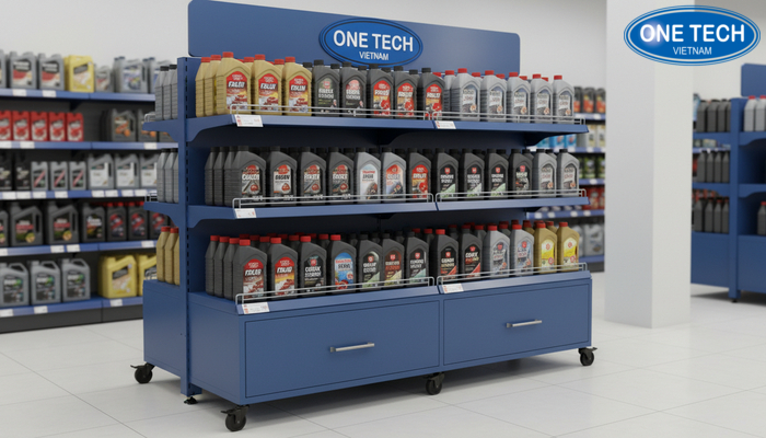 Kệ có bánh xe khóa và ngăn kéo giúp trưng bày dầu nhớt linh hoạt