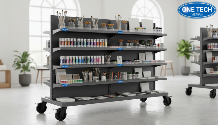 Kệ đa tầng có bánh xe cho khu trưng bày linh hoạt
