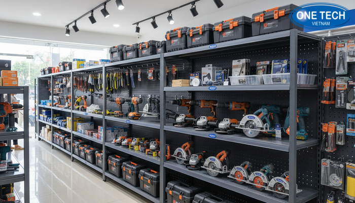 Kệ đa năng trưng bày máy khoan cùng các dụng cụ cầm tay khác