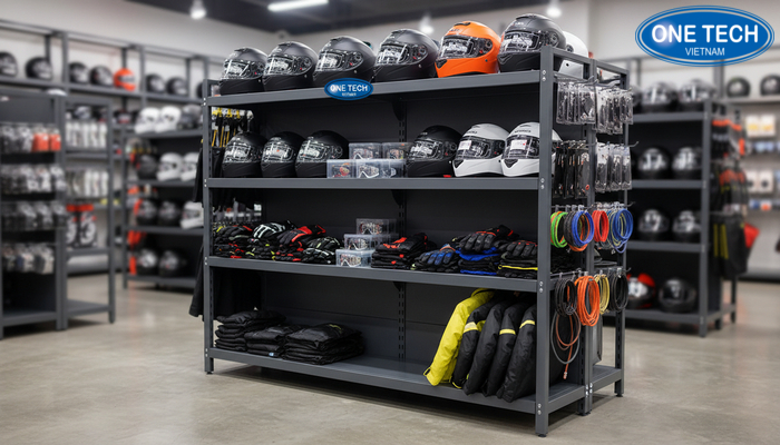 Kệ đa năng trưng bày mũ bảo hiểm và phụ kiện bảo hộ