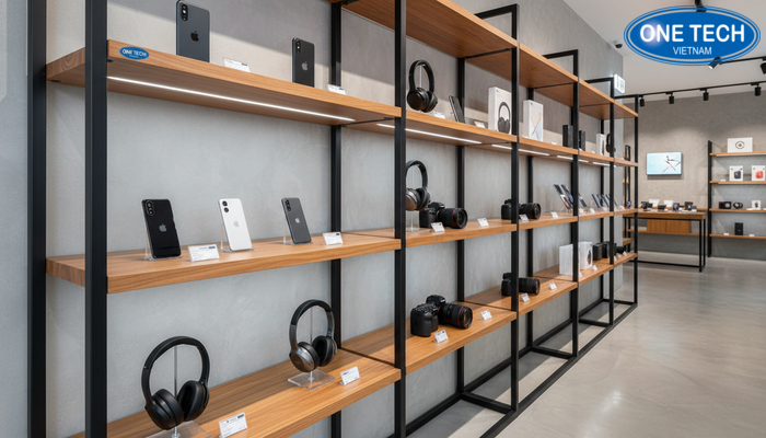 Kệ gỗ khung sắt cao cấp trưng bày đồ điện Kệ gỗ khung sắt trưng bày đồ điện cao cấp, phù hợp showroom
