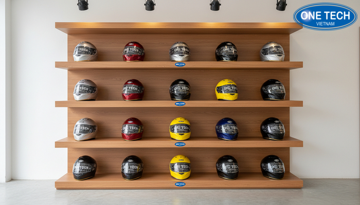 Kệ gỗ MDF 7 tầng trưng bày nón bảo hiểm đẹp cho showroom