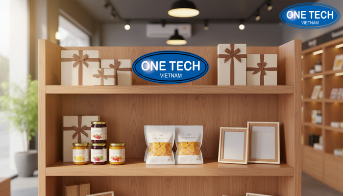 Kệ gỗ MDF phủ melamine sang trọng, phù hợp trưng bày đồ lưu niệm và đặc sản đóng hộp