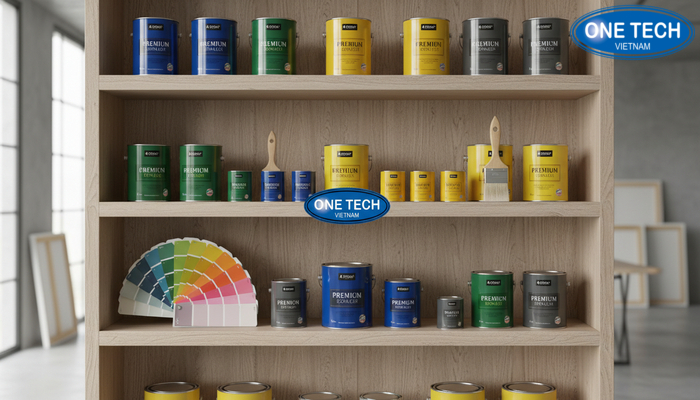 Kệ gỗ phủ melamine trưng bày sơn và phụ kiện