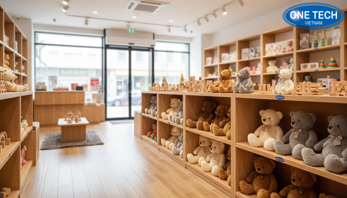 Kệ gỗ thanh lịch trưng bày gấu bông cho cửa hàng quà lưu niệm cao cấp