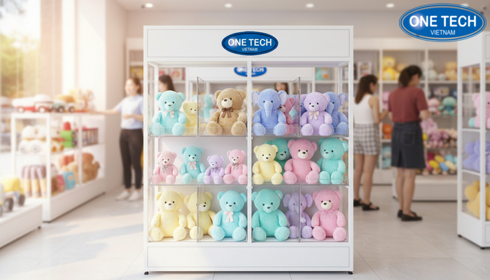 Kệ hộc tủ trưng bày gấu bông gọn gàng cho shop nhỏ