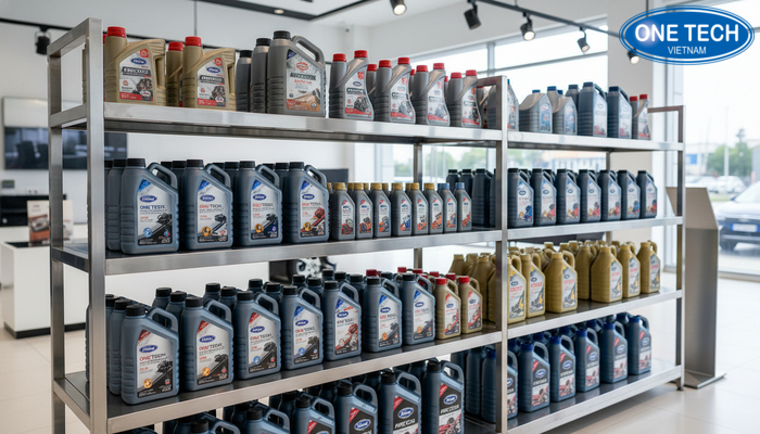 Kệ inox trưng bày dầu nhớt trong showroom với cảm quan sang trọng