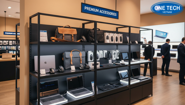 Ke laptop ket hop ke phu kien Ke trung bay laptop ket hop ke phu kien de tang ti le mua kem