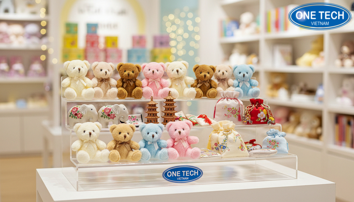 Kệ mica nhiều kích thước trưng bày gấu bông mini và quà lưu niệm