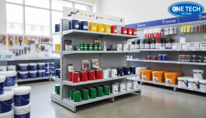 Kệ nhôm hợp kim trưng bày hàng trong cửa hàng vật liệu