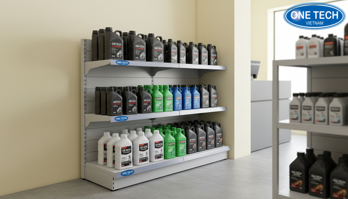 Kệ nhựa 3 tầng trưng bày dầu nhớt chai nhỏ trong cửa hàng