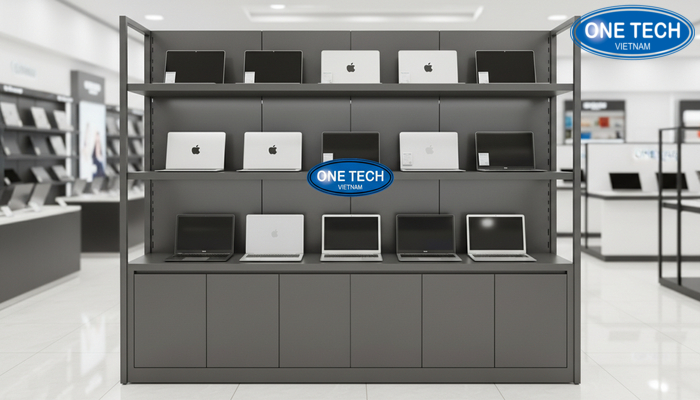 Ke trung bay laptop co ngan tu Ke trung bay laptop ket hop ngan tu de luu tru phu kien