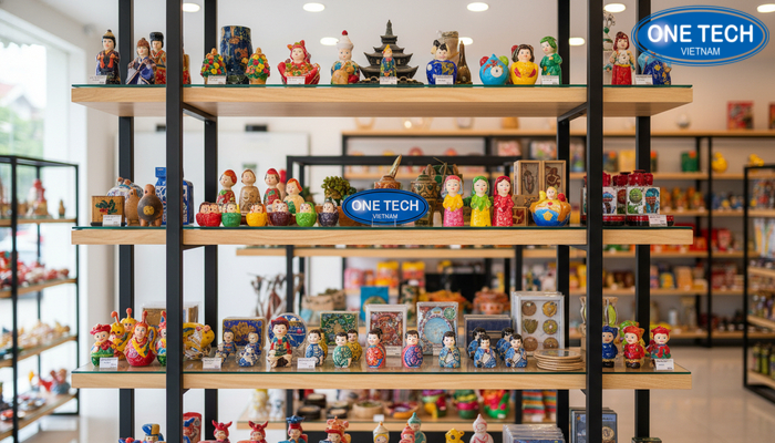 Kệ sắt đa tầng kết hợp gỗ hoặc kính, tối ưu diện tích trưng bày đồ lưu niệm