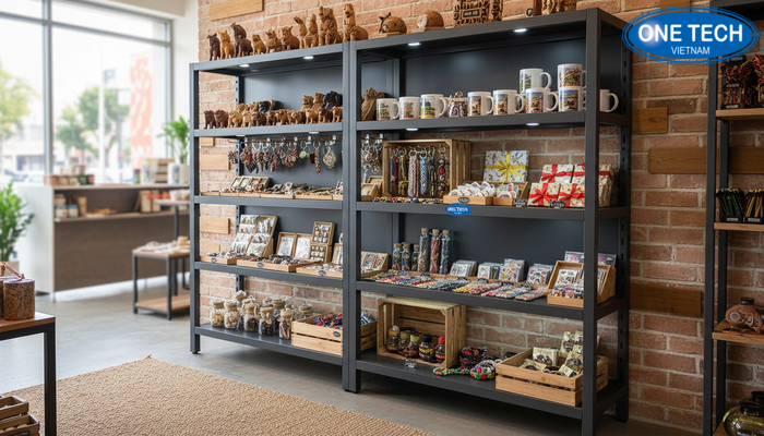 Kệ sắt sơn tĩnh điện trưng bày quà lưu niệm đẹp, dễ phối cảnh