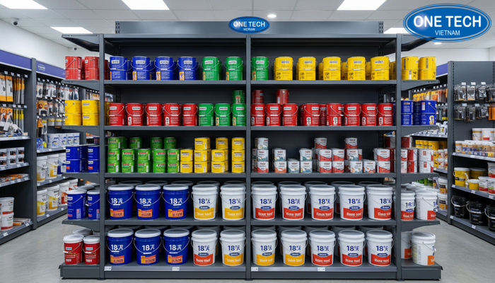 Kệ sắt sơn tĩnh điện trưng bày thùng sơn nước