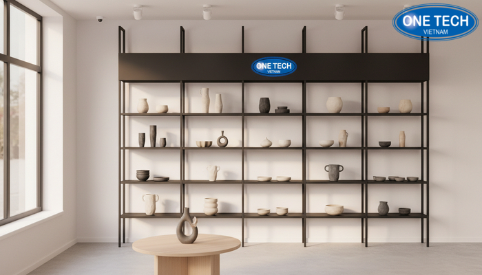 Kệ treo tường bày gốm sứ giúp tiết kiệm diện tích cửa hàng