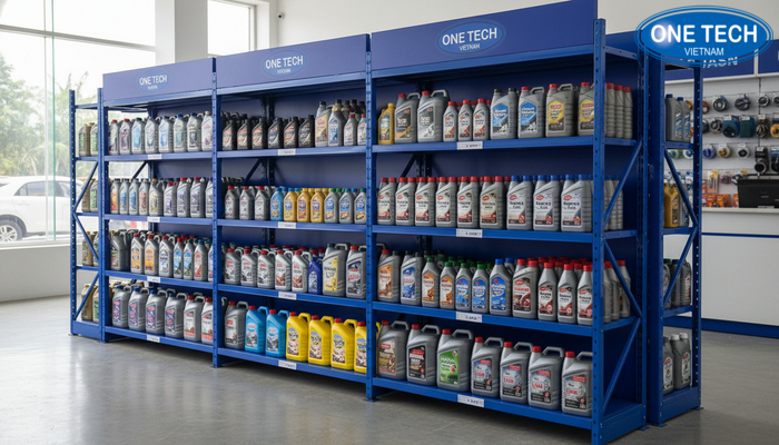 Kệ trưng bày dầu nhớt OneTech trong cửa hàng thể hiện độ chắc và bố cục trưng bày rõ ràng