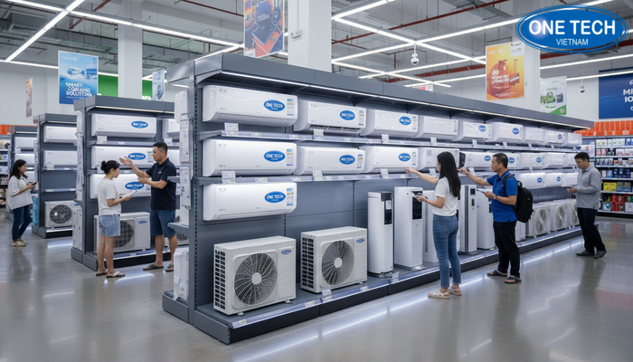 Kệ trưng bày điều hoà tại siêu thị điện máy Kệ trưng bày điều hoà trong khu điện lạnh siêu thị