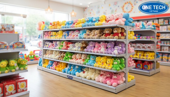 Kệ trưng bày gấu bông trong shop đồ chơi tạo tầng nhìn rõ ràng