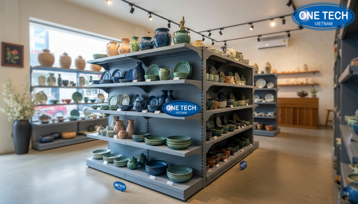 Kệ trưng bày gốm sứ tại cửa hàng tạo bố cục hài hòa và an toàn