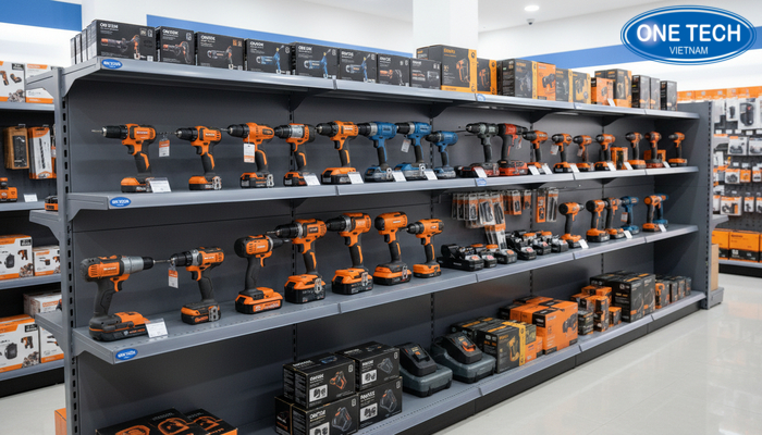 Mẫu kệ trưng bày máy khoan OneTech phù hợp cửa hàng dụng cụ tại Đồng Tháp