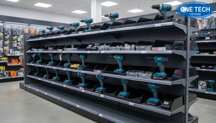 Kệ trưng bày máy khoan bằng thép chịu lực, sơn tĩnh điện chống gỉ