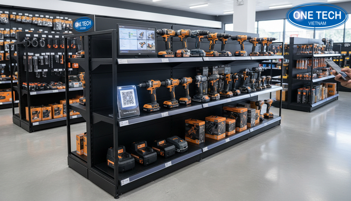 Kệ trưng bày máy khoan tích hợp QR code giúp khách tự xem thông số và video