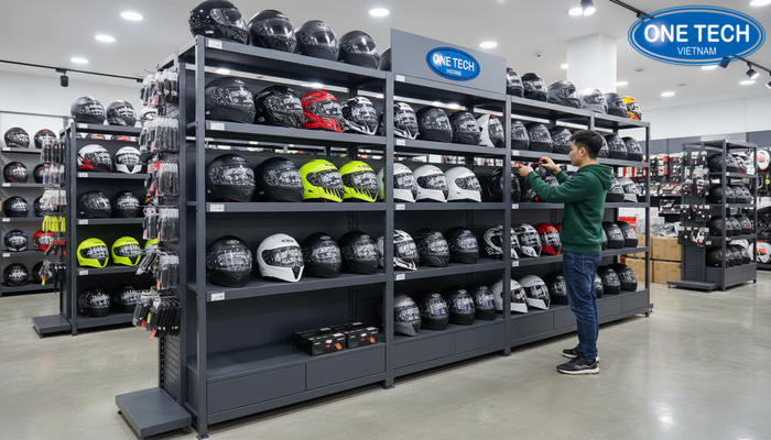 Kệ trưng bày mũ bảo hiểm dễ tháo lắp và linh hoạt chuyển vị trí