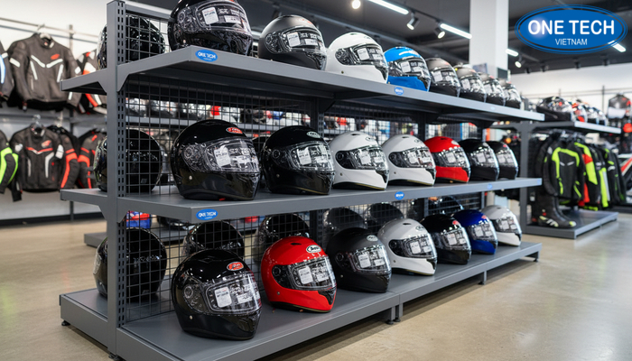 Kệ trưng bày mũ bảo hiểm lắp đặt thực tế tại cửa hàng