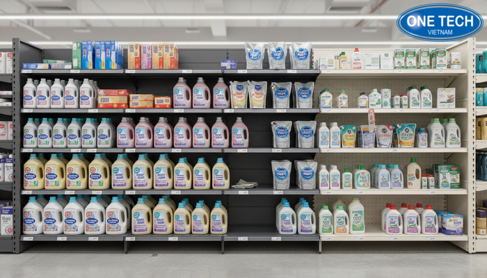 Kệ trưng bày nước giặt theo chất liệu So sánh kệ trưng bày nước giặt theo chất liệu sắt, inox và nhựa