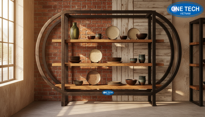 Kệ phong cách vintage rustic phù hợp gốm sứ thủ công truyền thống