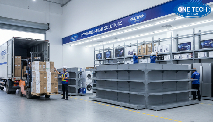 Kho kệ siêu thị Đồng Tháp OneTech Kho hàng kệ siêu thị Đồng Tháp phục vụ giao và lắp đặt kệ trưng bày đồ điện